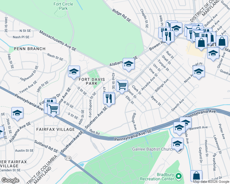 map of restaurants, bars, coffee shops, grocery stores, and more near 4201 Fort Dupont Terrace Southeast in Washington