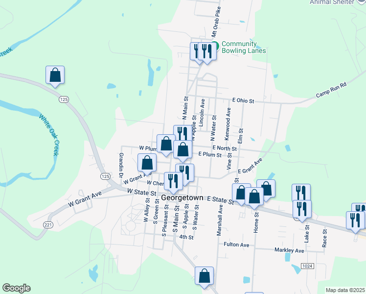 map of restaurants, bars, coffee shops, grocery stores, and more near 108 East North Street in Georgetown