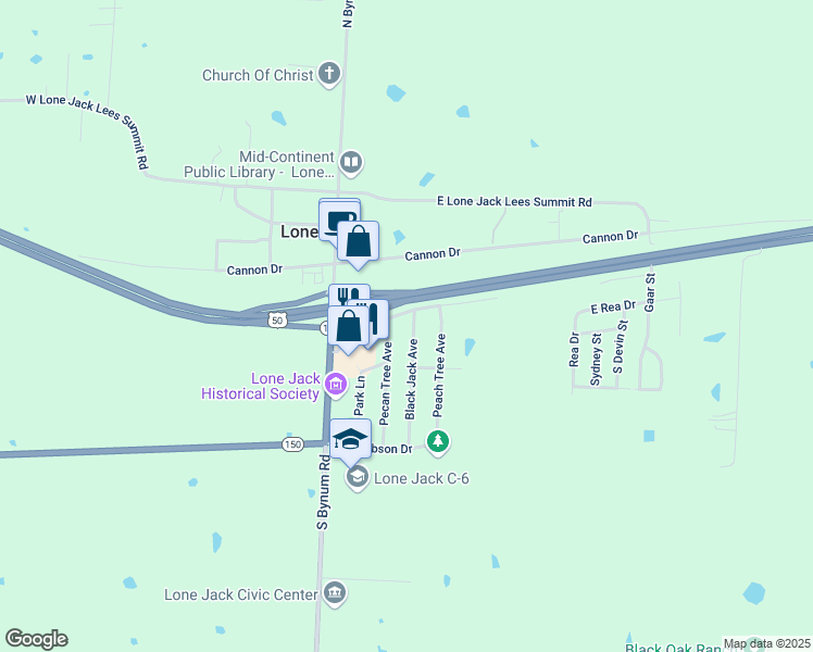 map of restaurants, bars, coffee shops, grocery stores, and more near 201 Black Jack Avenue in Lone Jack