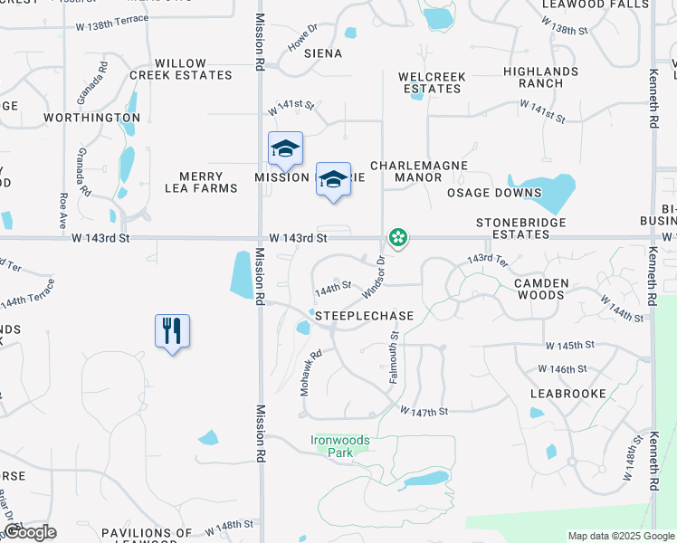 map of restaurants, bars, coffee shops, grocery stores, and more near 3416 West 144th Street in Overland Park