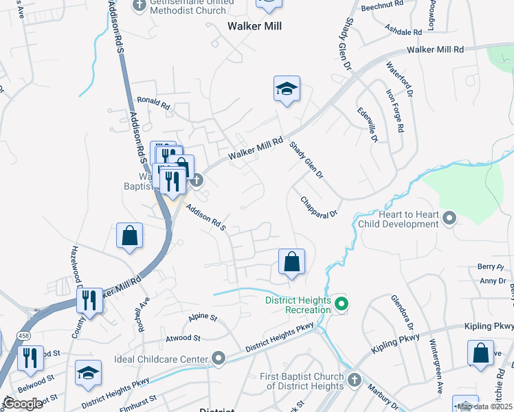map of restaurants, bars, coffee shops, grocery stores, and more near 1550 Karen Blvd in District Heights