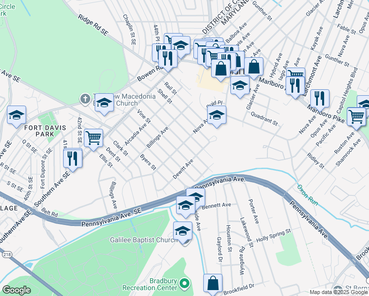 map of restaurants, bars, coffee shops, grocery stores, and more near 4303 Urn Street in Capitol Heights