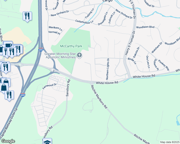 map of restaurants, bars, coffee shops, grocery stores, and more near 1615 Morning Star Court in Upper Marlboro