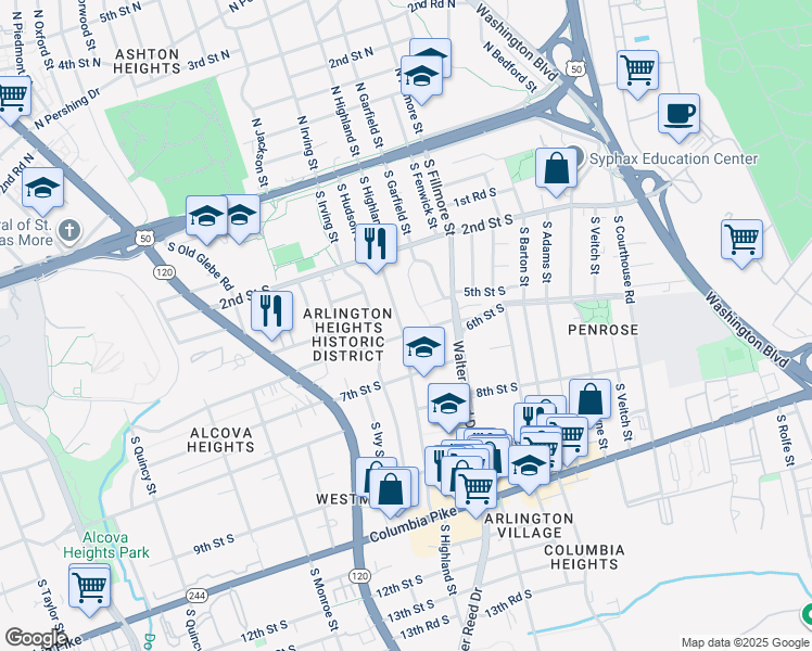 map of restaurants, bars, coffee shops, grocery stores, and more near 513 South Highland Street in Arlington