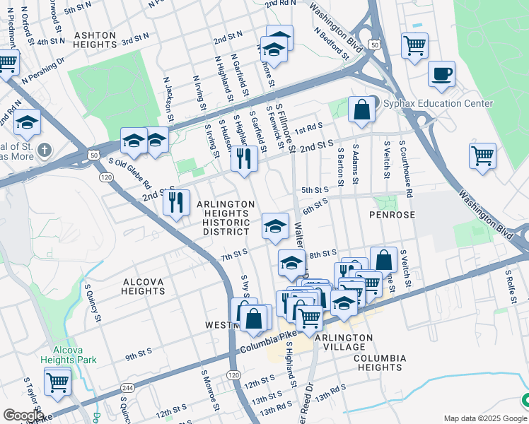 map of restaurants, bars, coffee shops, grocery stores, and more near 513 South Highland Street in Arlington