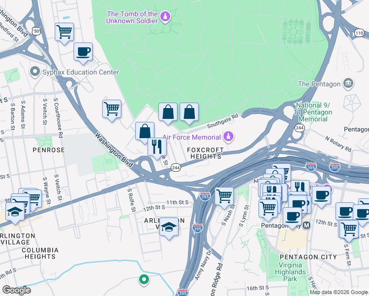 map of restaurants, bars, coffee shops, grocery stores, and more near 901 South Oak Street in Arlington
