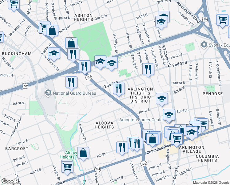 map of restaurants, bars, coffee shops, grocery stores, and more near 333 South Glebe Road in Arlington