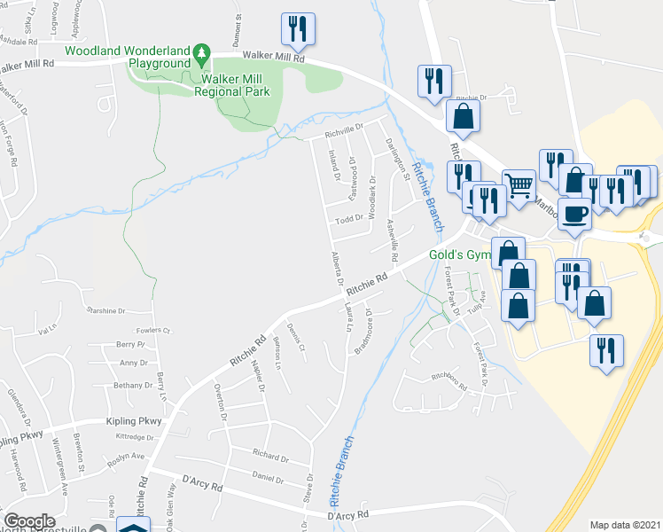 map of restaurants, bars, coffee shops, grocery stores, and more near 1421 Alberta Drive in District Heights