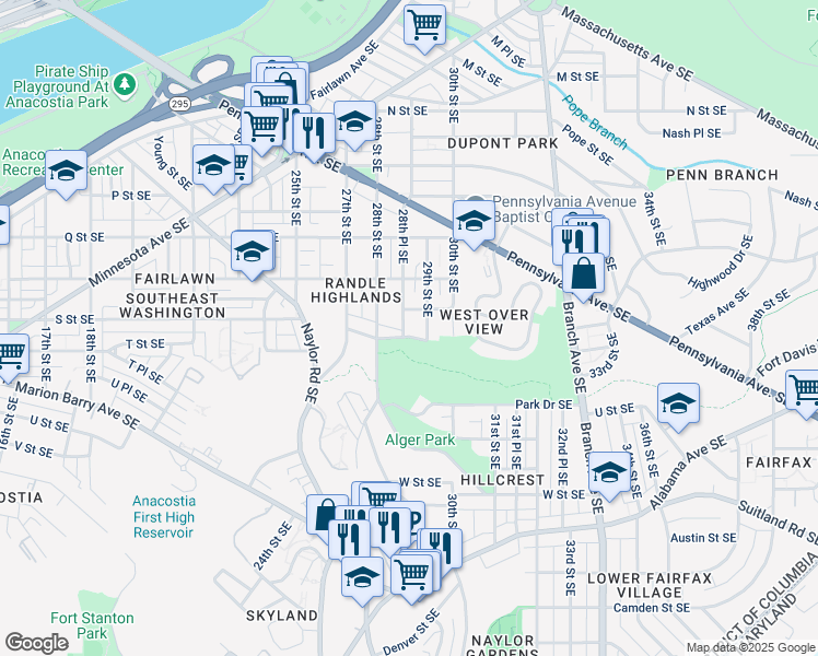 map of restaurants, bars, coffee shops, grocery stores, and more near 1812 28th Place Southeast in Washington