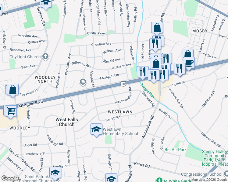 map of restaurants, bars, coffee shops, grocery stores, and more near 3009 Greenway Boulevard in Falls Church