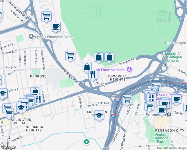map of restaurants, bars, coffee shops, grocery stores, and more near 806 South Orme Street in Arlington