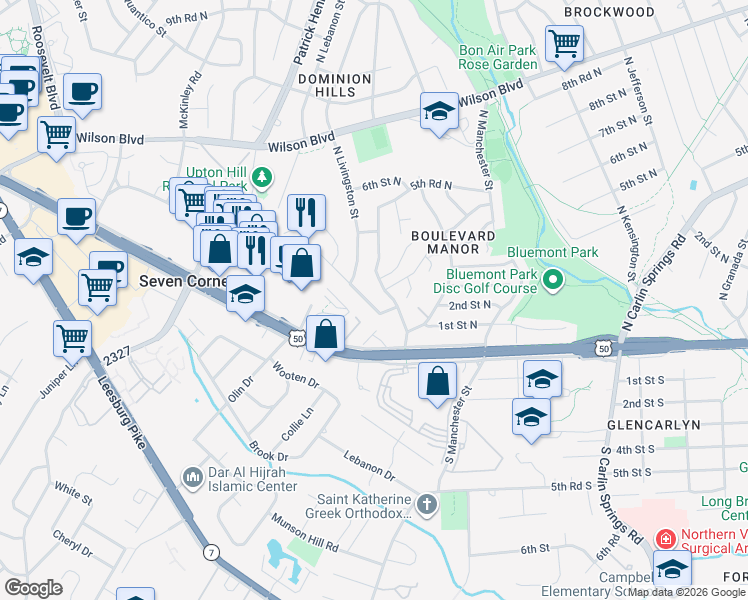 map of restaurants, bars, coffee shops, grocery stores, and more near 311 North Madison Street in Arlington