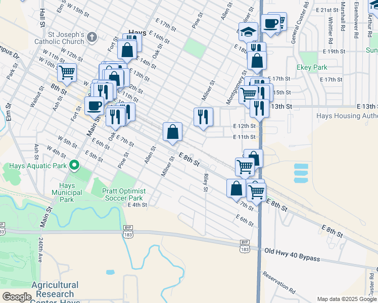 map of restaurants, bars, coffee shops, grocery stores, and more near 521 East 8th Street in Hays