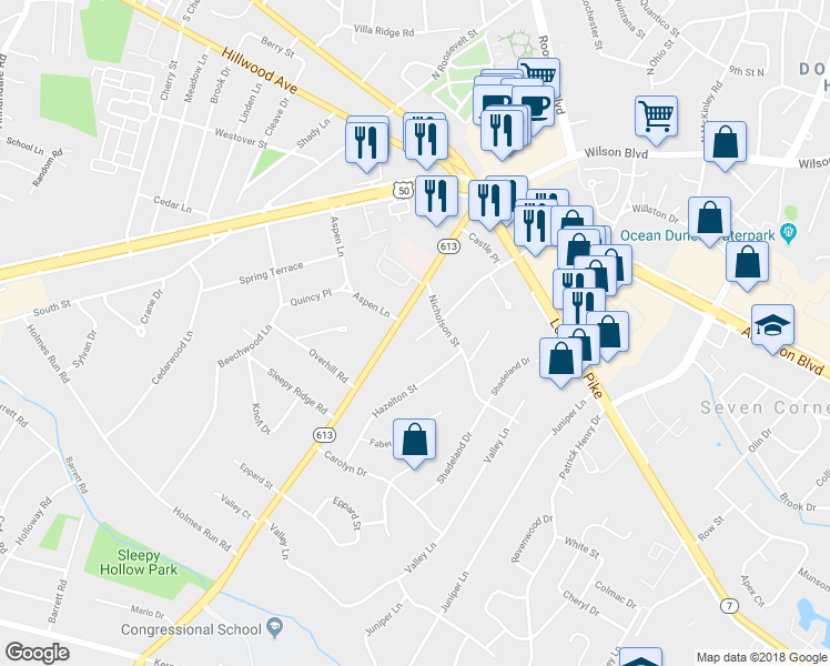 map of restaurants, bars, coffee shops, grocery stores, and more near 3036 Castle Road in Falls Church