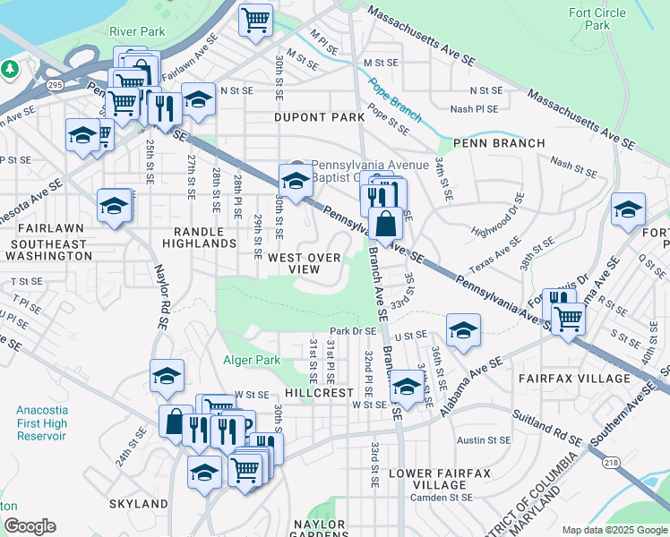map of restaurants, bars, coffee shops, grocery stores, and more near 3167 Westover Drive Southeast in Washington