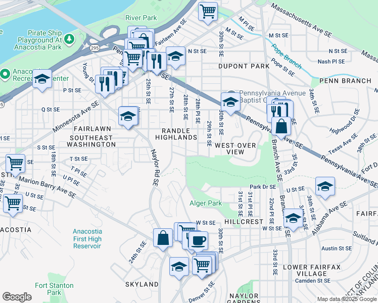 map of restaurants, bars, coffee shops, grocery stores, and more near 1814 28th Street Southeast in Washington