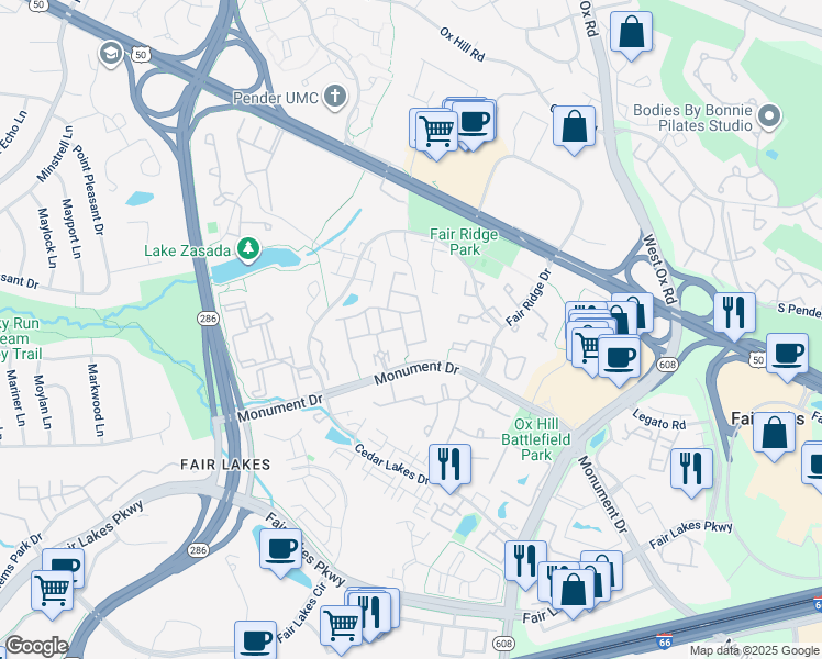 map of restaurants, bars, coffee shops, grocery stores, and more near 4171 Calais Point Court in Fairfax