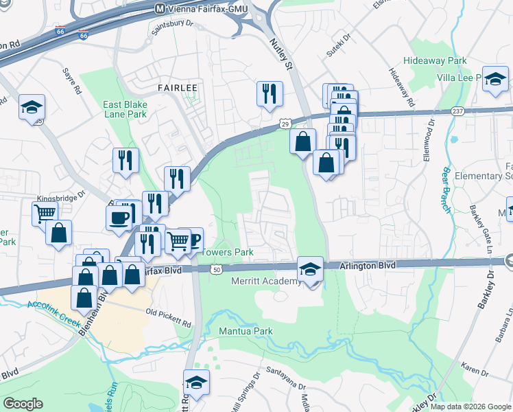 map of restaurants, bars, coffee shops, grocery stores, and more near 3138 Barnard Court in Fairfax
