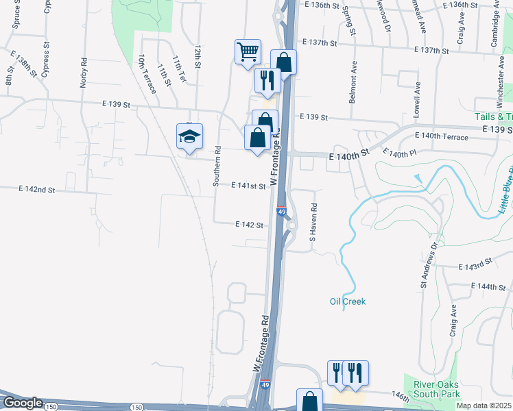 map of restaurants, bars, coffee shops, grocery stores, and more near 14104 East Frontage Road in Grandview