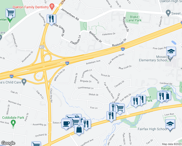 map of restaurants, bars, coffee shops, grocery stores, and more near 3227 Sherman Street in Fairfax