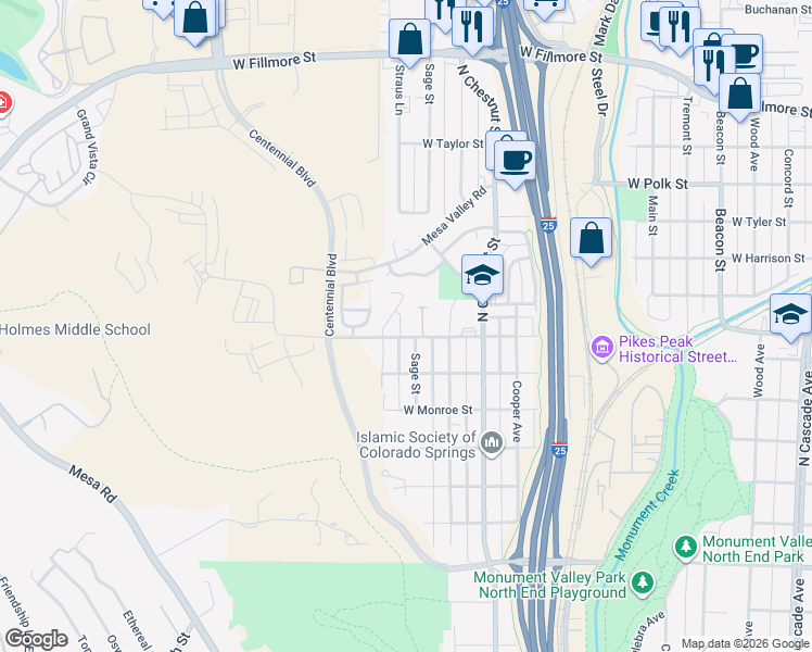 map of restaurants, bars, coffee shops, grocery stores, and more near 2585 Brewster Street in Colorado Springs
