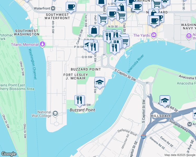 map of restaurants, bars, coffee shops, grocery stores, and more near 1806 Half Street Southwest in Washington