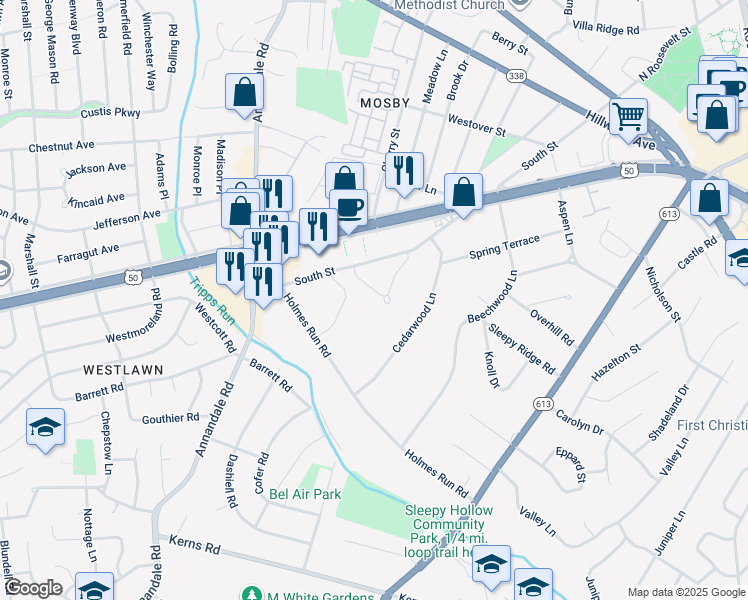 map of restaurants, bars, coffee shops, grocery stores, and more near 3025 Crane Drive in Falls Church