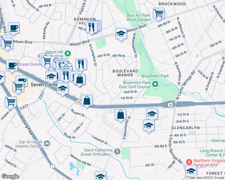 map of restaurants, bars, coffee shops, grocery stores, and more near 6020 1st Street South in Arlington