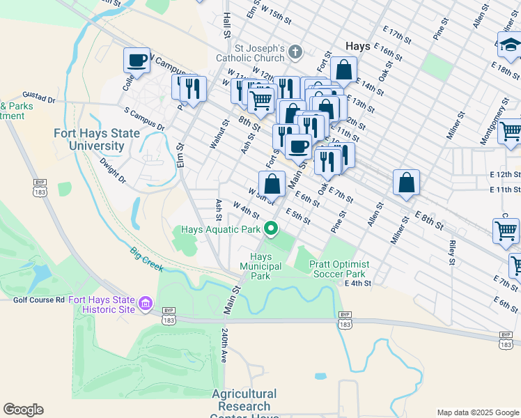 map of restaurants, bars, coffee shops, grocery stores, and more near 111 West 4th Street in Hays