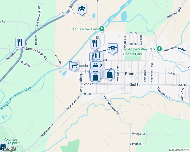 map of restaurants, bars, coffee shops, grocery stores, and more near 228 Grand Avenue in Paonia