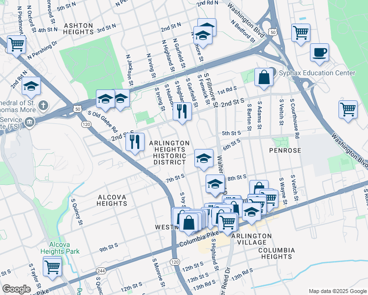 map of restaurants, bars, coffee shops, grocery stores, and more near 505 South Irving Street in Arlington