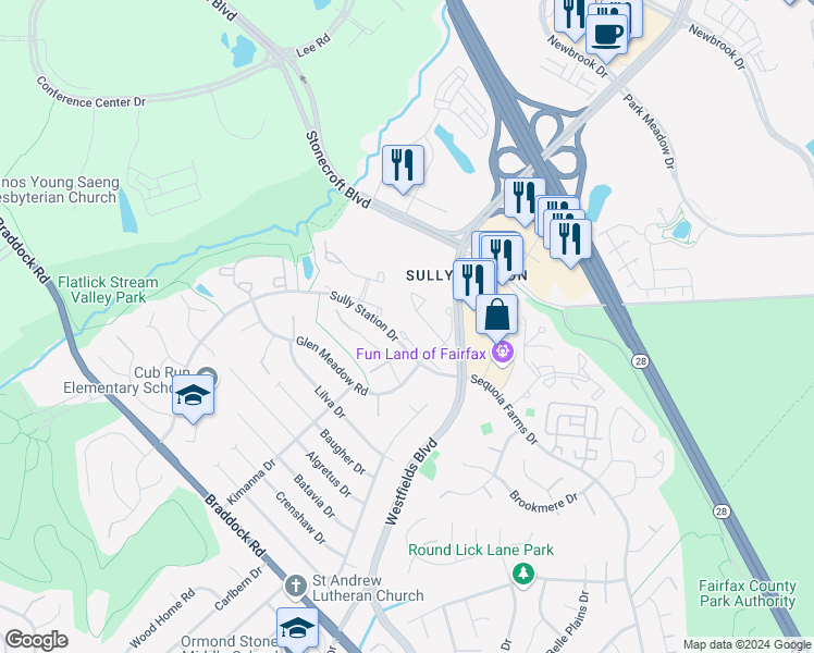 map of restaurants, bars, coffee shops, grocery stores, and more near 14540 Smithwood Drive in Centreville