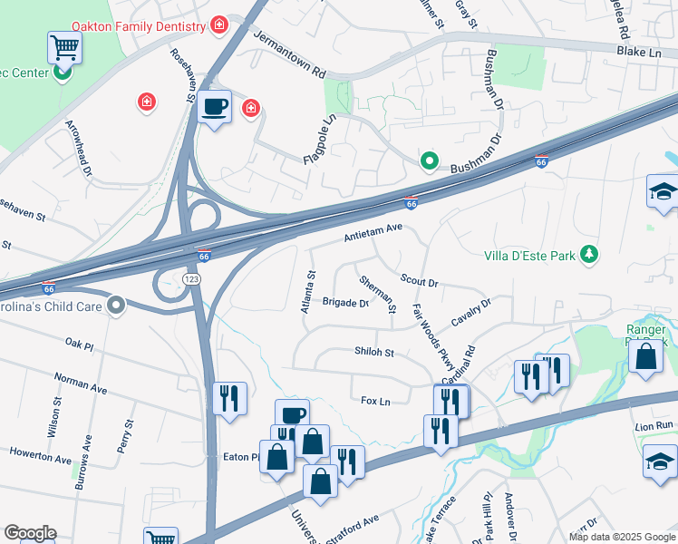 map of restaurants, bars, coffee shops, grocery stores, and more near 10307 Tecumseh Lane in Fairfax
