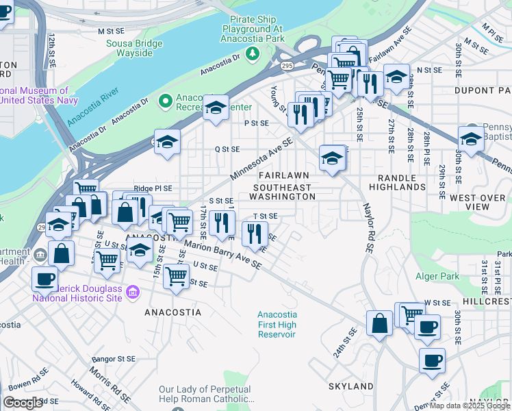 map of restaurants, bars, coffee shops, grocery stores, and more near 1843 S Street Southeast in Washington