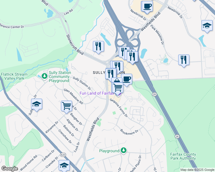 map of restaurants, bars, coffee shops, grocery stores, and more near 5123 Westfields Boulevard in Centreville
