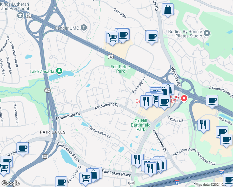 map of restaurants, bars, coffee shops, grocery stores, and more near 4138 Meadow Field Court in Fairfax