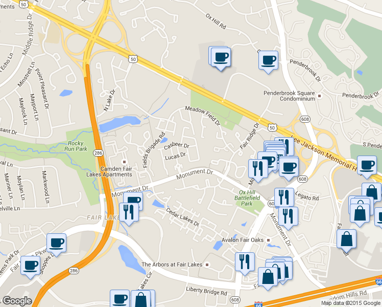 map of restaurants, bars, coffee shops, grocery stores, and more near 4169 Calais Point Court in Fairfax