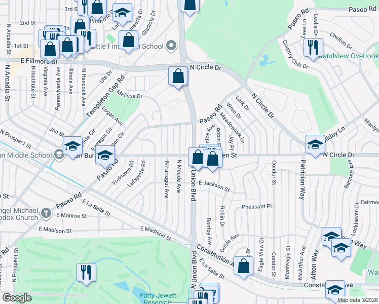 map of restaurants, bars, coffee shops, grocery stores, and more near 2504 North Union Boulevard in Colorado Springs