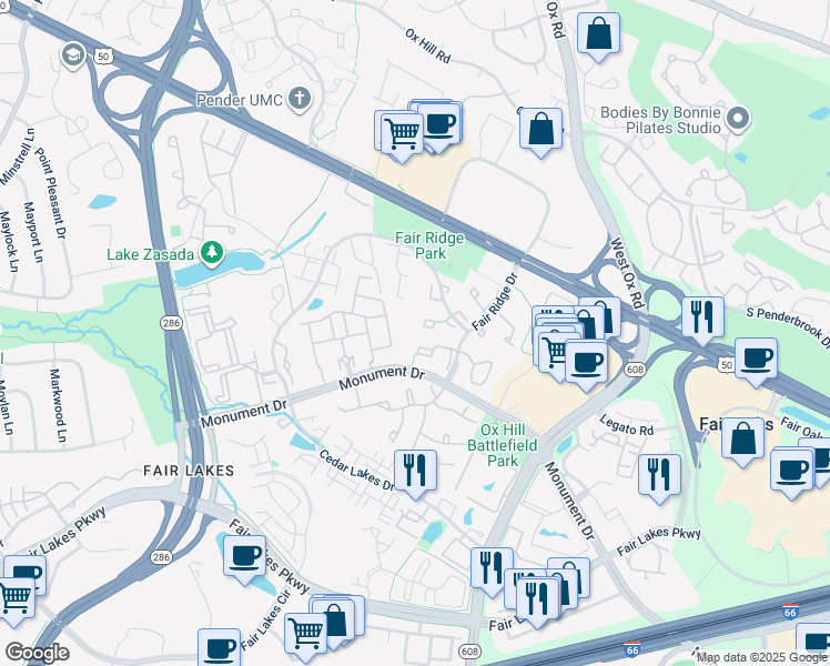 map of restaurants, bars, coffee shops, grocery stores, and more near 4138 Meadow Field Court in Fairfax