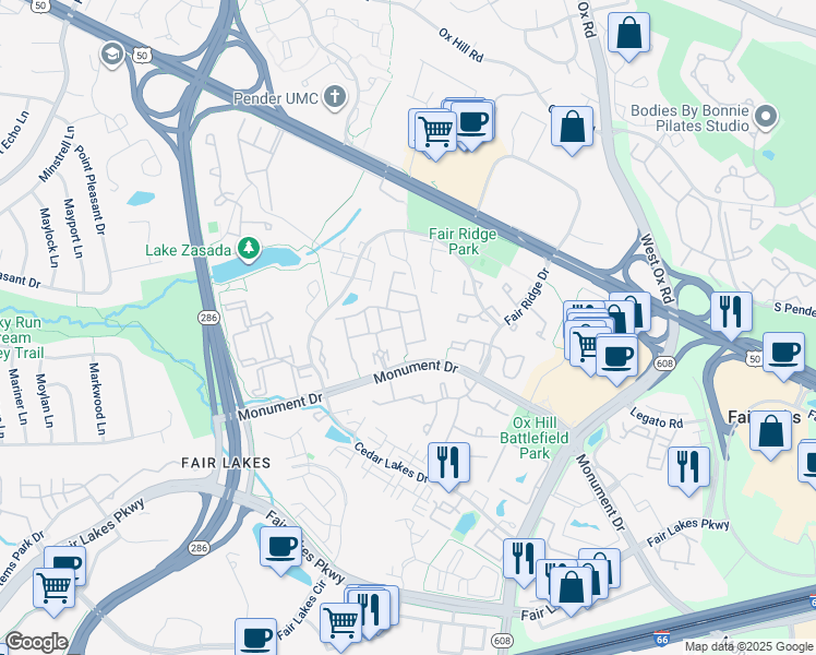 map of restaurants, bars, coffee shops, grocery stores, and more near 4169 Calais Point Court in Fairfax