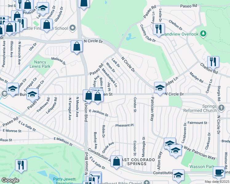 map of restaurants, bars, coffee shops, grocery stores, and more near 2504 Meadowlark Ln in Colorado Springs