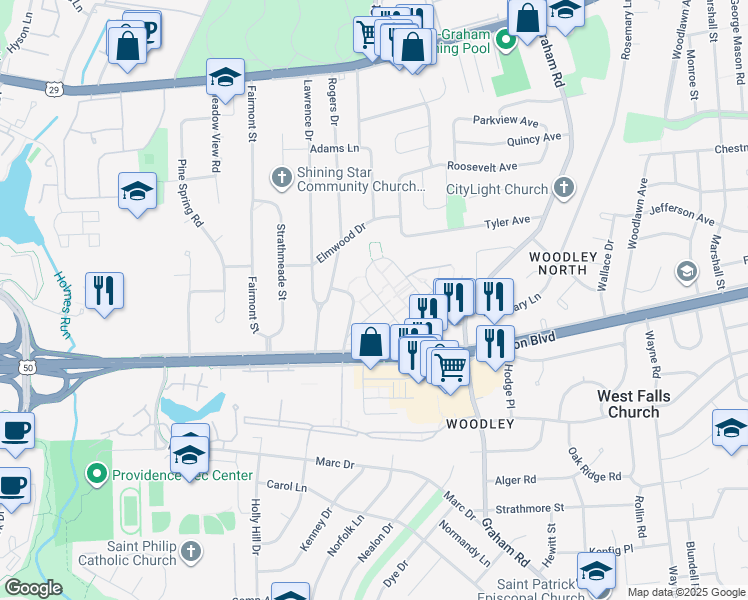map of restaurants, bars, coffee shops, grocery stores, and more near 3109 Monticello Drive in Falls Church