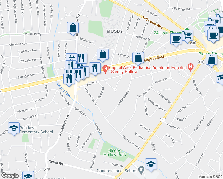 map of restaurants, bars, coffee shops, grocery stores, and more near 3025 Crane Drive in Falls Church