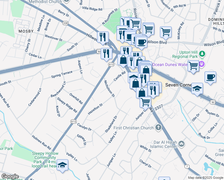 map of restaurants, bars, coffee shops, grocery stores, and more near 6332 Nicholson Street in Falls Church