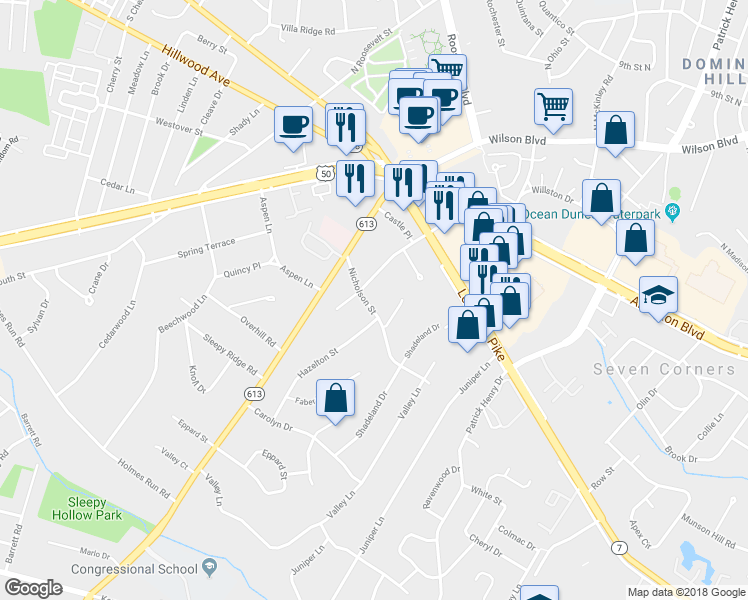 map of restaurants, bars, coffee shops, grocery stores, and more near 6332 Nicholson Street in Falls Church