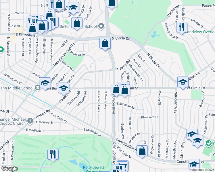 map of restaurants, bars, coffee shops, grocery stores, and more near 2504 North Union Boulevard in Colorado Springs