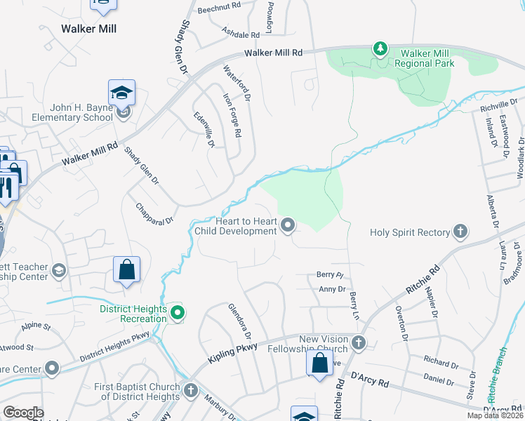 map of restaurants, bars, coffee shops, grocery stores, and more near 1505 Fallsgrove Lane in District Heights