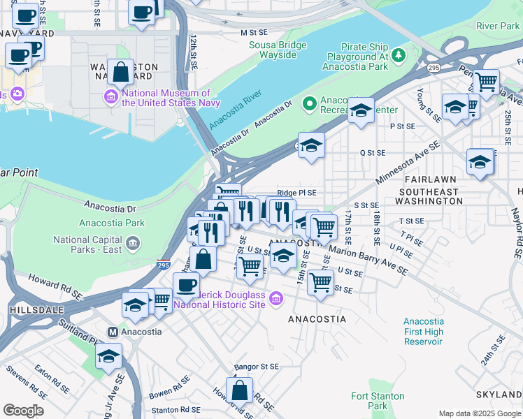 map of restaurants, bars, coffee shops, grocery stores, and more near 1323 S Street Southeast in Washington