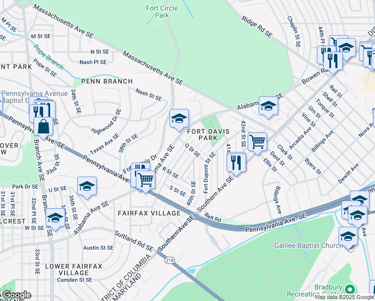 map of restaurants, bars, coffee shops, grocery stores, and more near 1600 Fort Davis Street Southeast in Washington