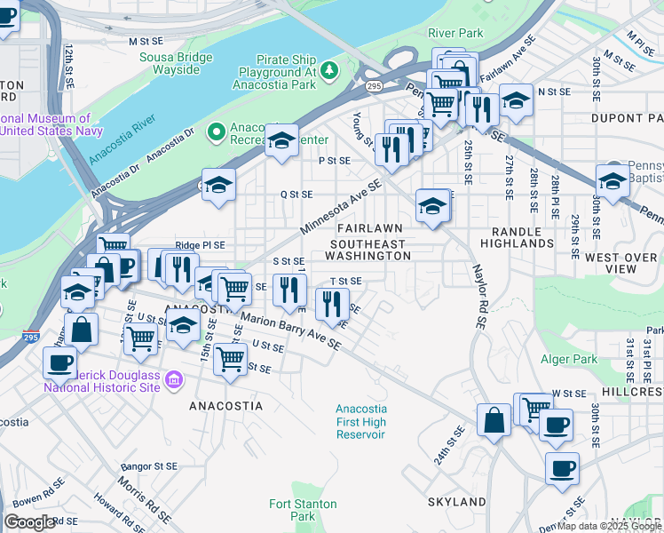 map of restaurants, bars, coffee shops, grocery stores, and more near 1843 S Street Southeast in Washington